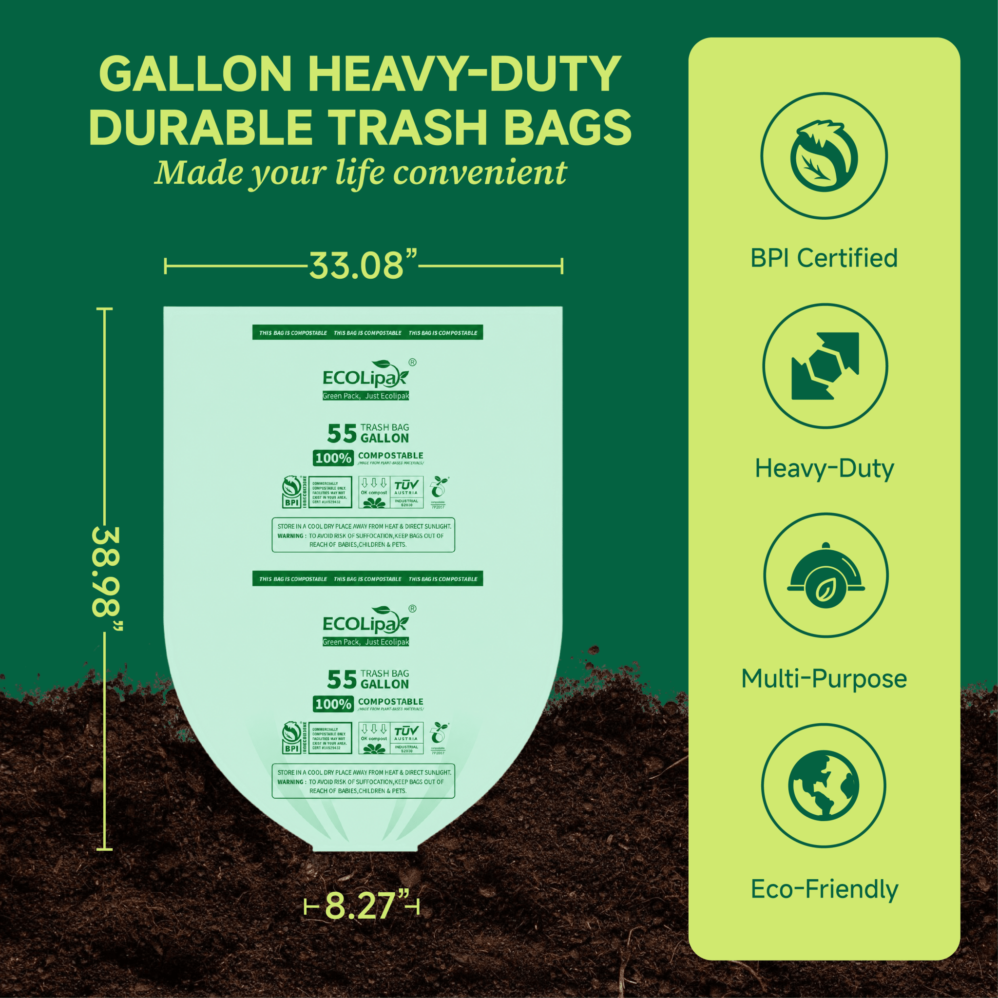 55 Gallon Heavy - Duty Durable Compostable Trash Bags for Kitchen, Office & Lawn, Yard｜BPI Certified, OK Compost - ECO - Lipak