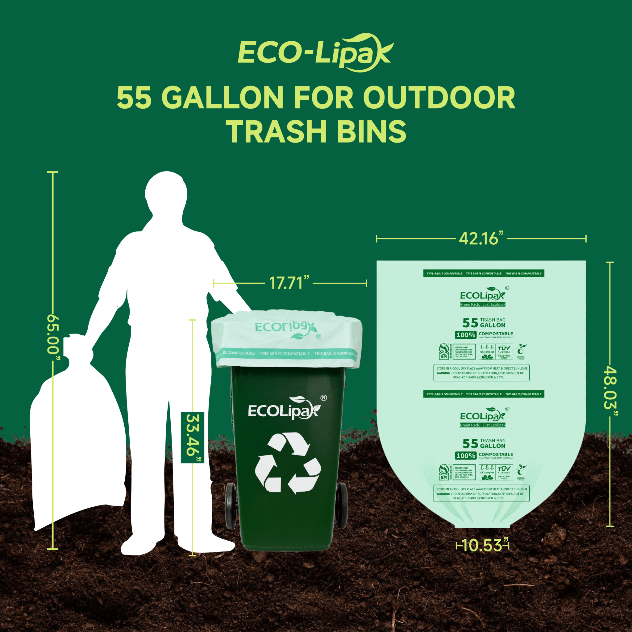 13/33/55 Gallon Tear - Resistant PLA Compostable Trash Bags for Kitchen, Office & Lawn, Yard｜BPI Certified, OK Compost - ECO - Lipak