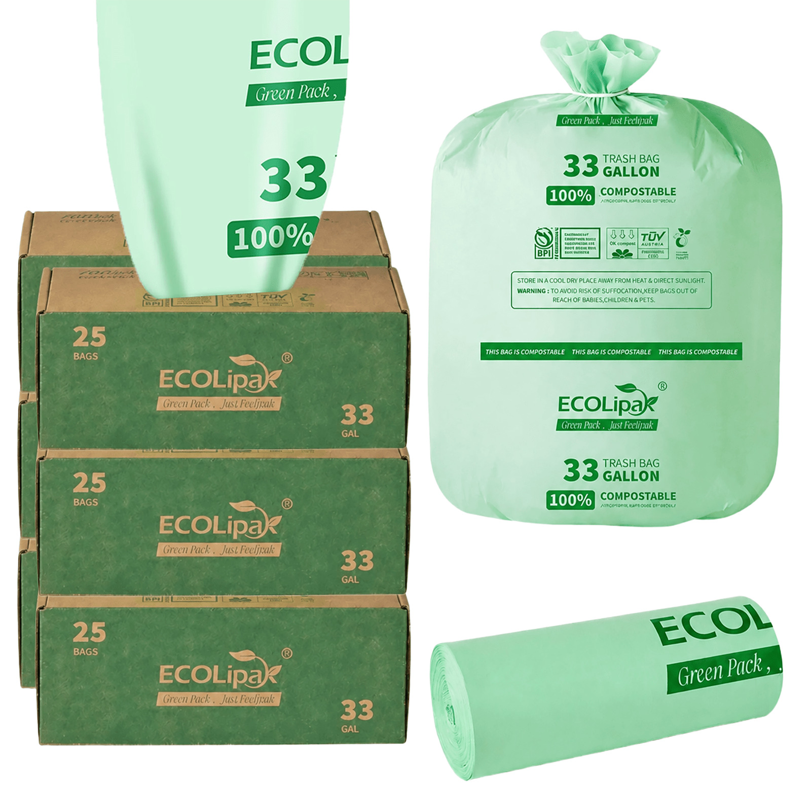 13/33/55 Gallon Tear - Resistant PLA Compostable Trash Bags for Kitchen, Office & Lawn, Yard｜BPI Certified, OK Compost - ECO - Lipak