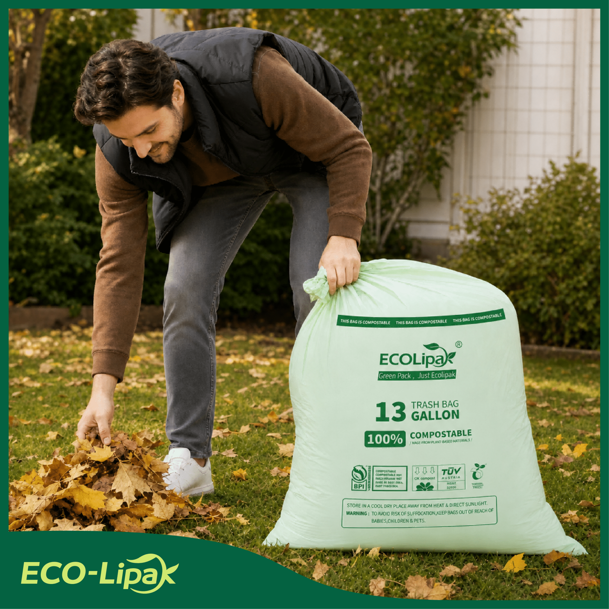 13/33/55 Gallon Tear - Resistant PLA Compostable Trash Bags for Kitchen, Office & Lawn, Yard｜BPI Certified, OK Compost - ECO - Lipak