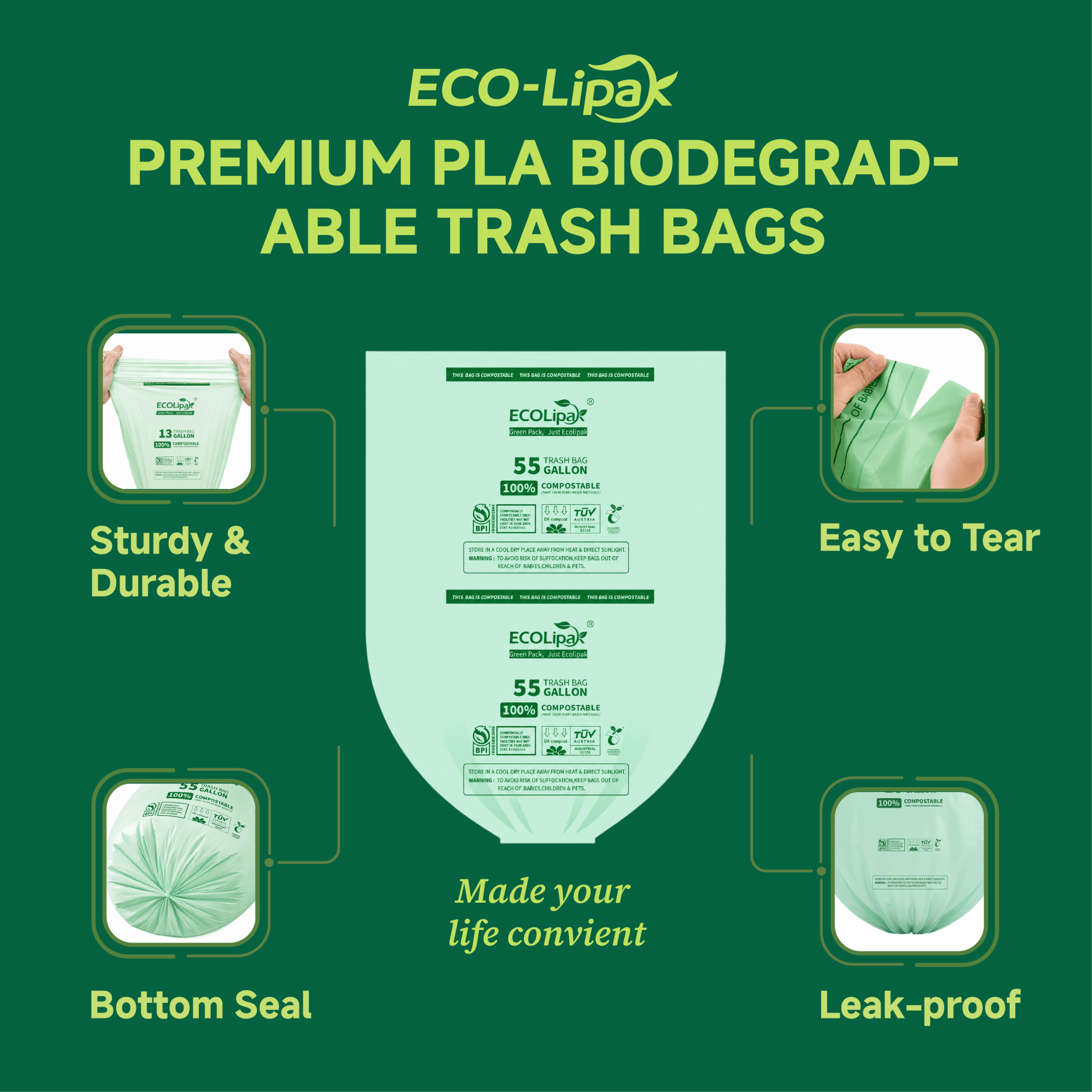 13/33/55 Gallon Tear - Resistant PLA Compostable Trash Bags for Kitchen, Office & Lawn, Yard｜BPI Certified, OK Compost - ECO - Lipak