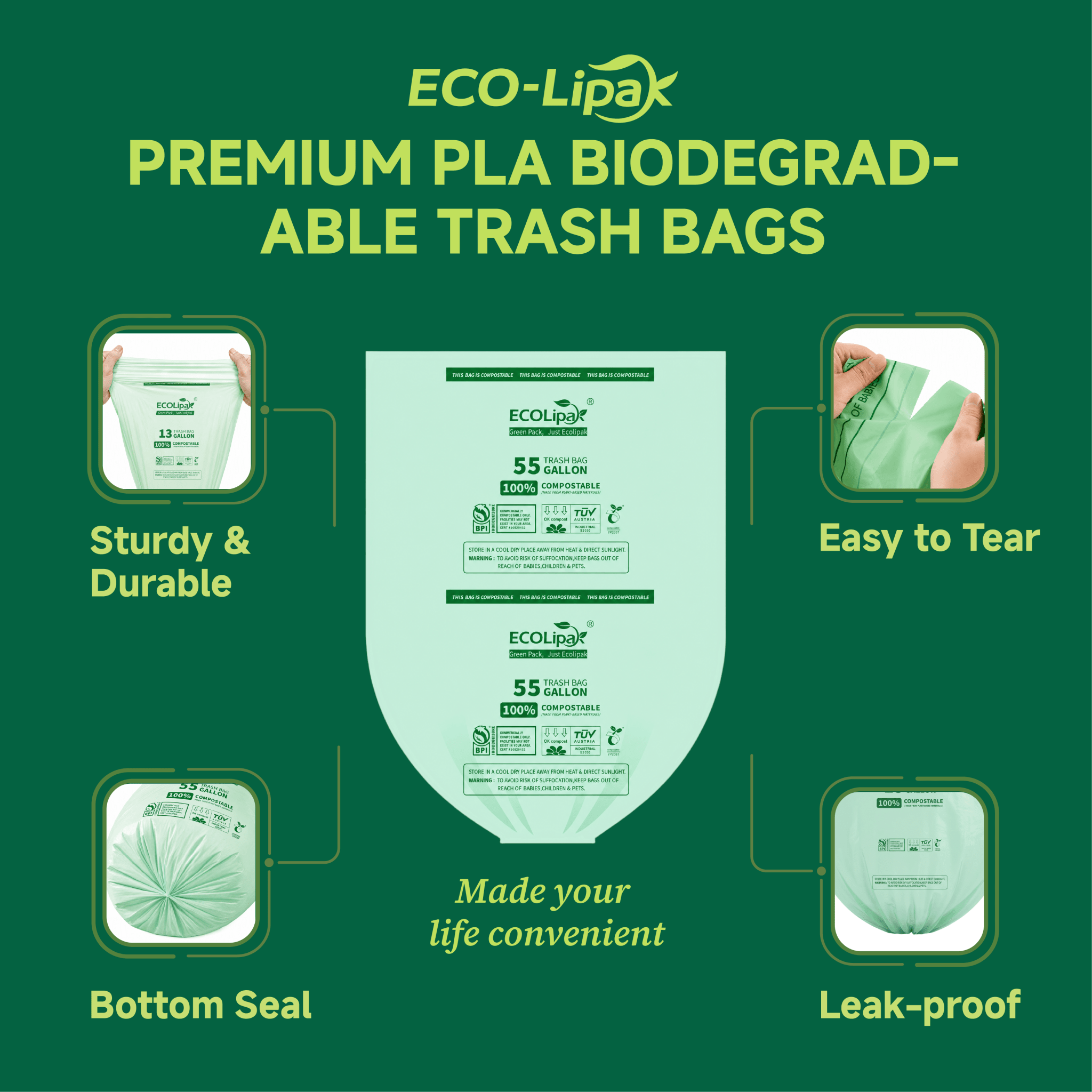 13/33/55 Gallon Tear - Resistant PLA Compostable Trash Bags for Kitchen, Office & Lawn, Yard｜BPI Certified, OK Compost - ECO - Lipak