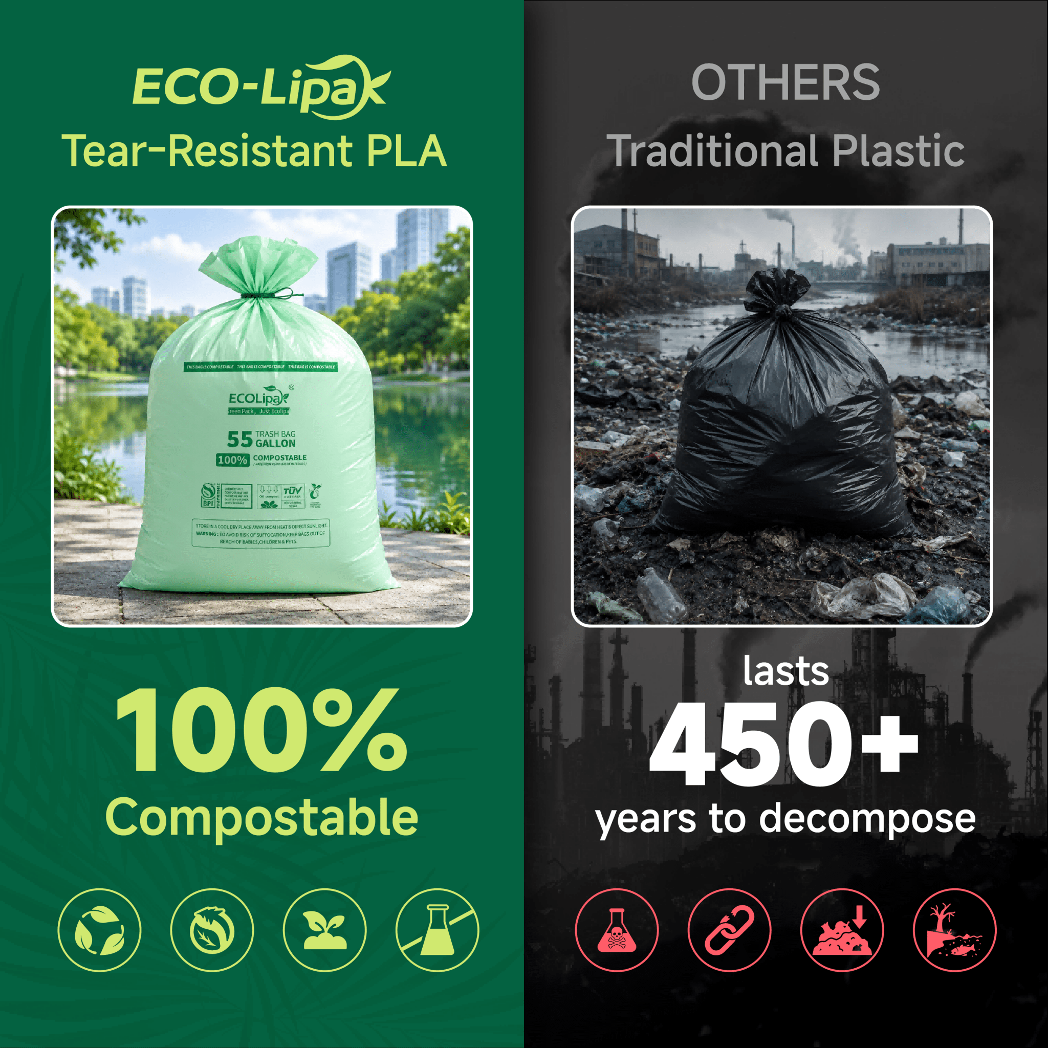 13/33/55 Gallon Tear - Resistant PLA Compostable Trash Bags for Kitchen, Office & Lawn, Yard｜BPI Certified, OK Compost - ECO - Lipak