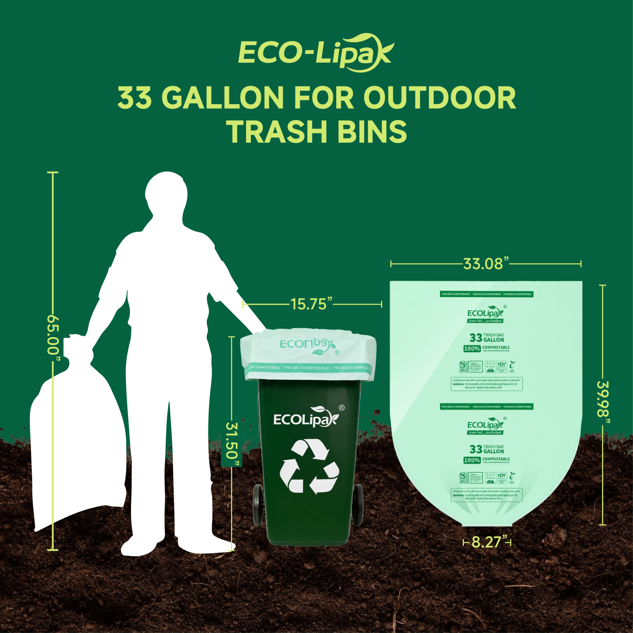 13/33/55 Gallon Tear - Resistant PLA Compostable Trash Bags for Kitchen, Office & Lawn, Yard｜BPI Certified, OK Compost - ECO - Lipak