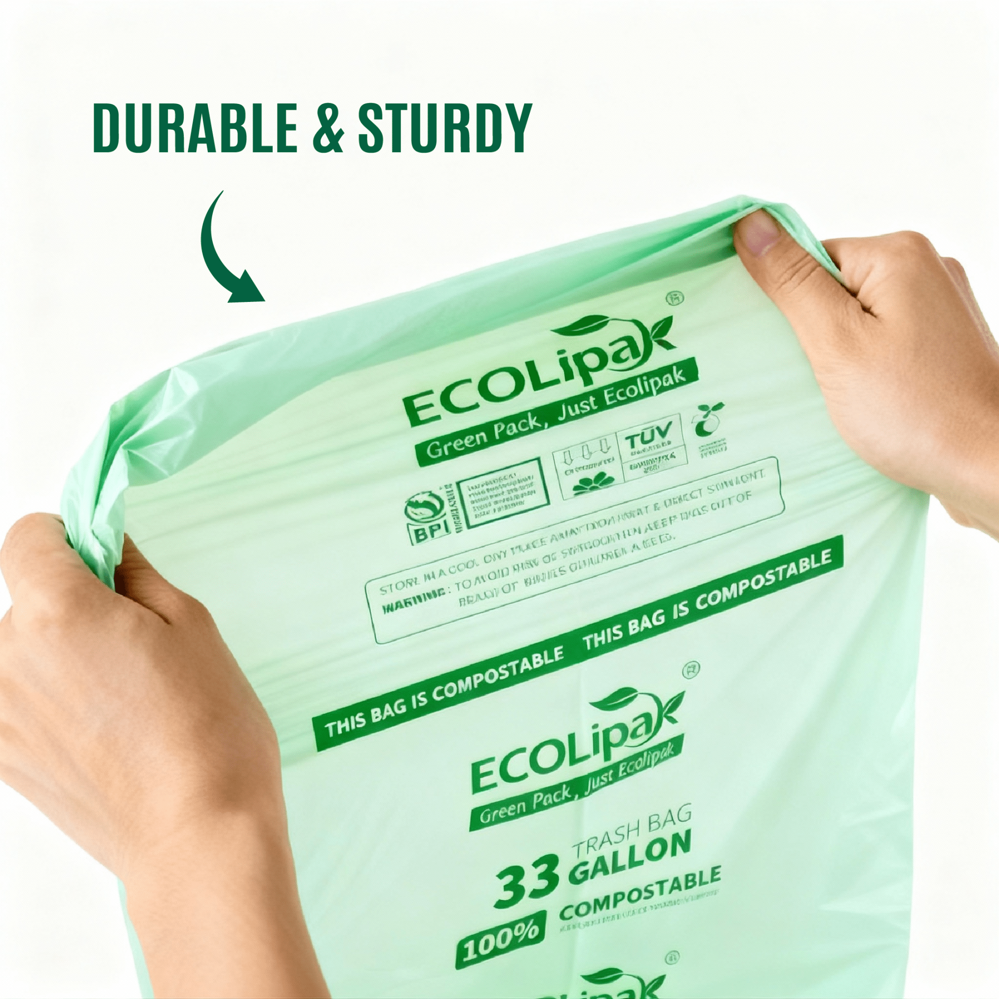13/33/55 Gallon Tear - Resistant PLA Compostable Trash Bags for Kitchen, Office & Lawn, Yard｜BPI Certified, OK Compost - ECOlipak