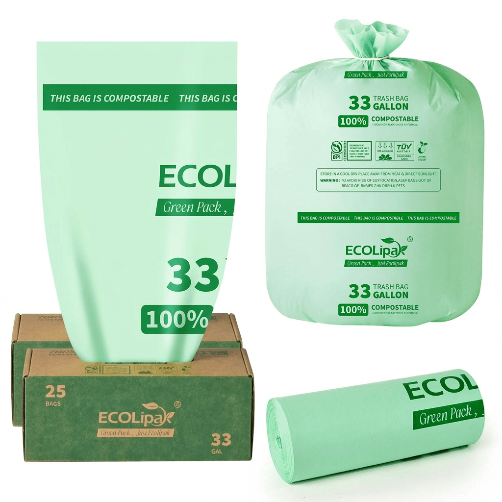 13/33/55 Gallon Tear - Resistant PLA Compostable Trash Bags for Kitchen, Office & Lawn, Yard｜BPI Certified, OK Compost - ECO - Lipak