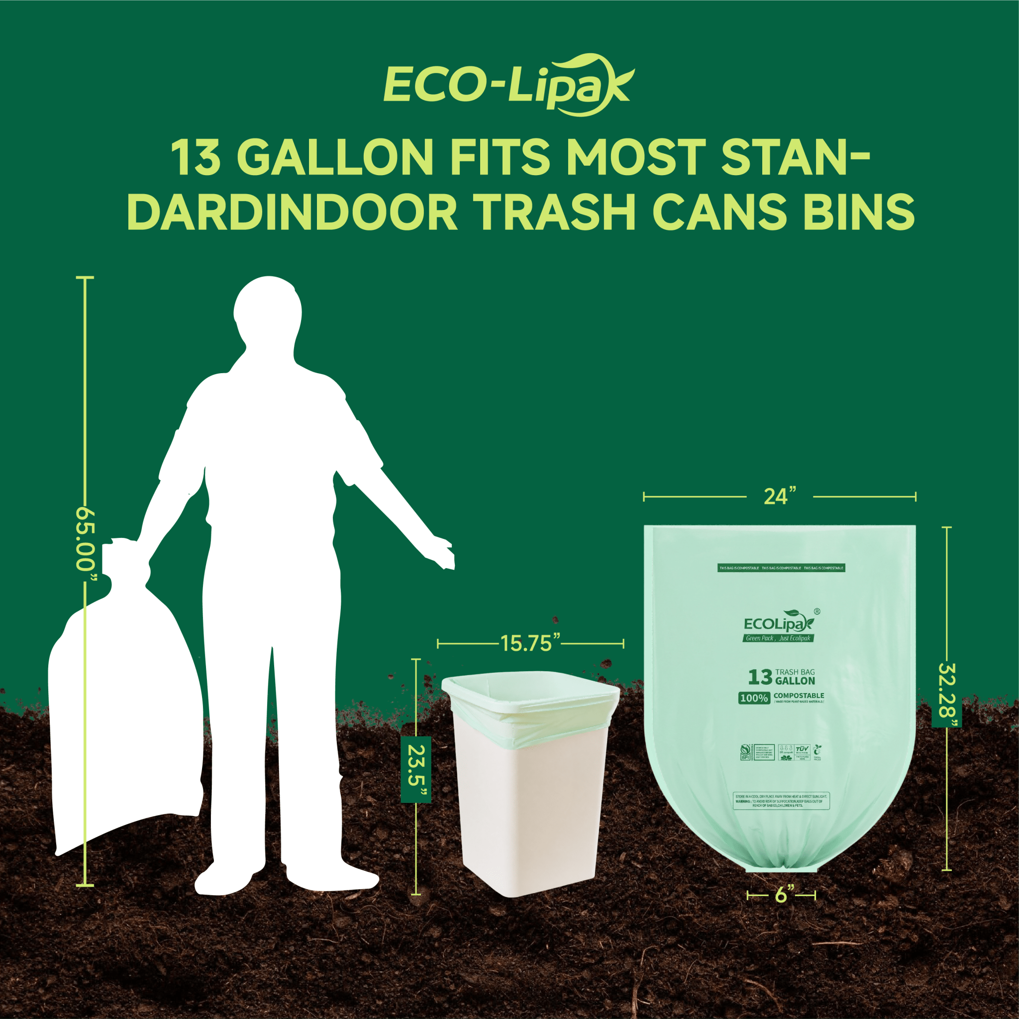 13/33/55 Gallon Tear - Resistant PLA Compostable Trash Bags for Kitchen, Office & Lawn, Yard｜BPI Certified, OK Compost - ECO - Lipak