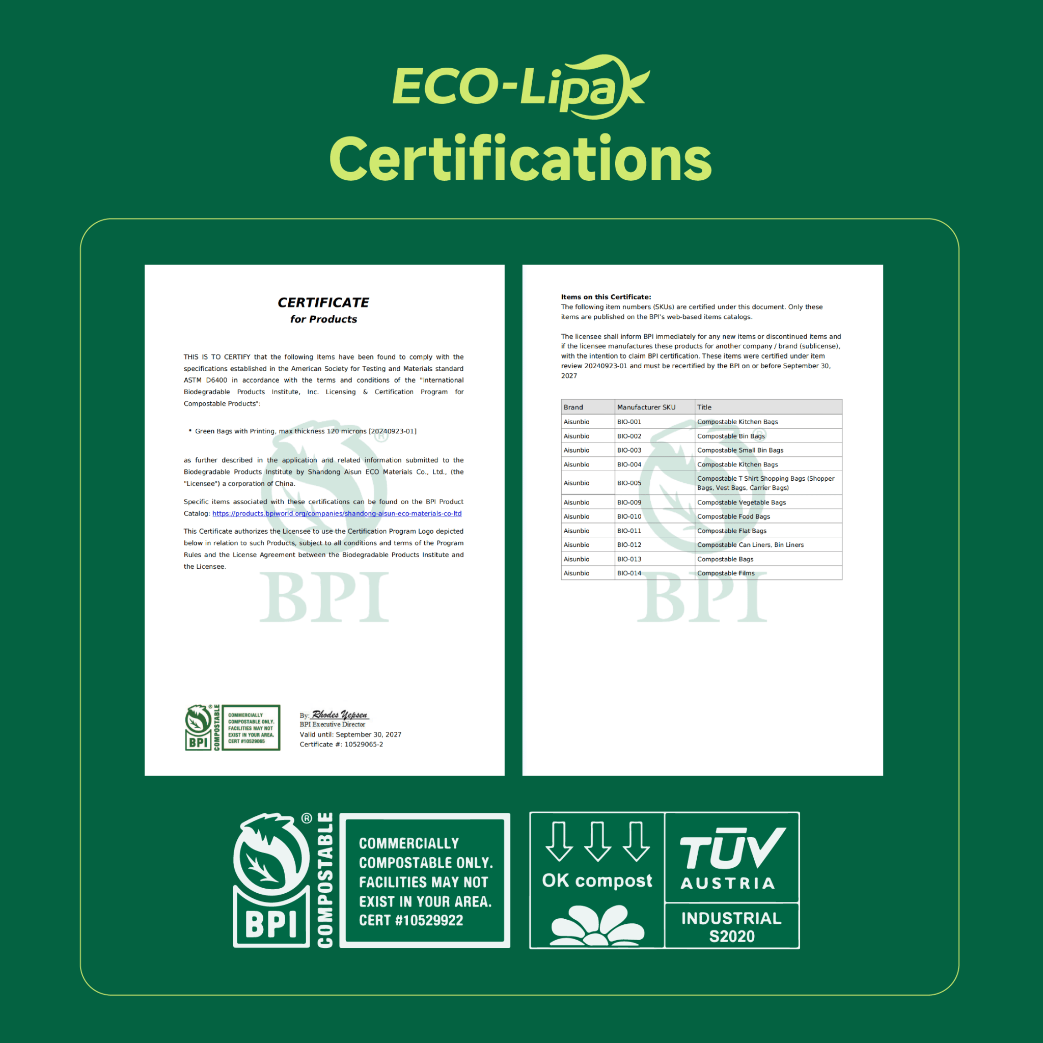 13/33/55 Gallon Tear - Resistant PLA Compostable Trash Bags for Kitchen, Office & Lawn, Yard｜BPI Certified, OK Compost - ECOlipak