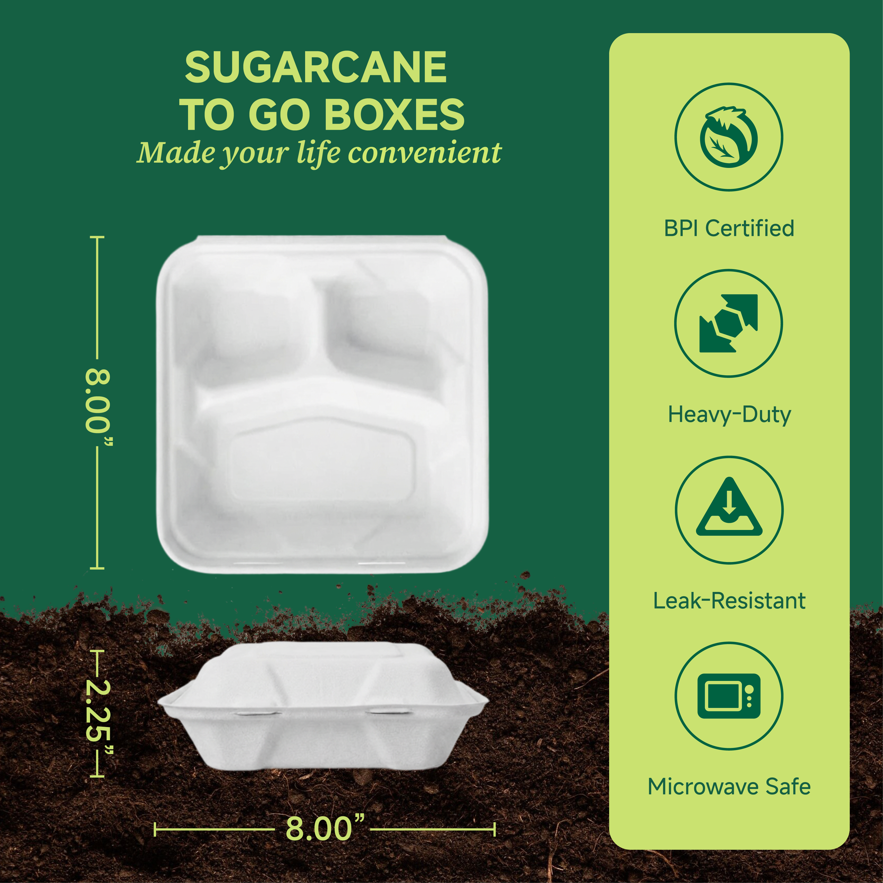 8 x 8 in Clamshell Heavy-Duty Leak-Resistant Sugarcane To Go Boxes｜BPA-Free, Toxin-Free