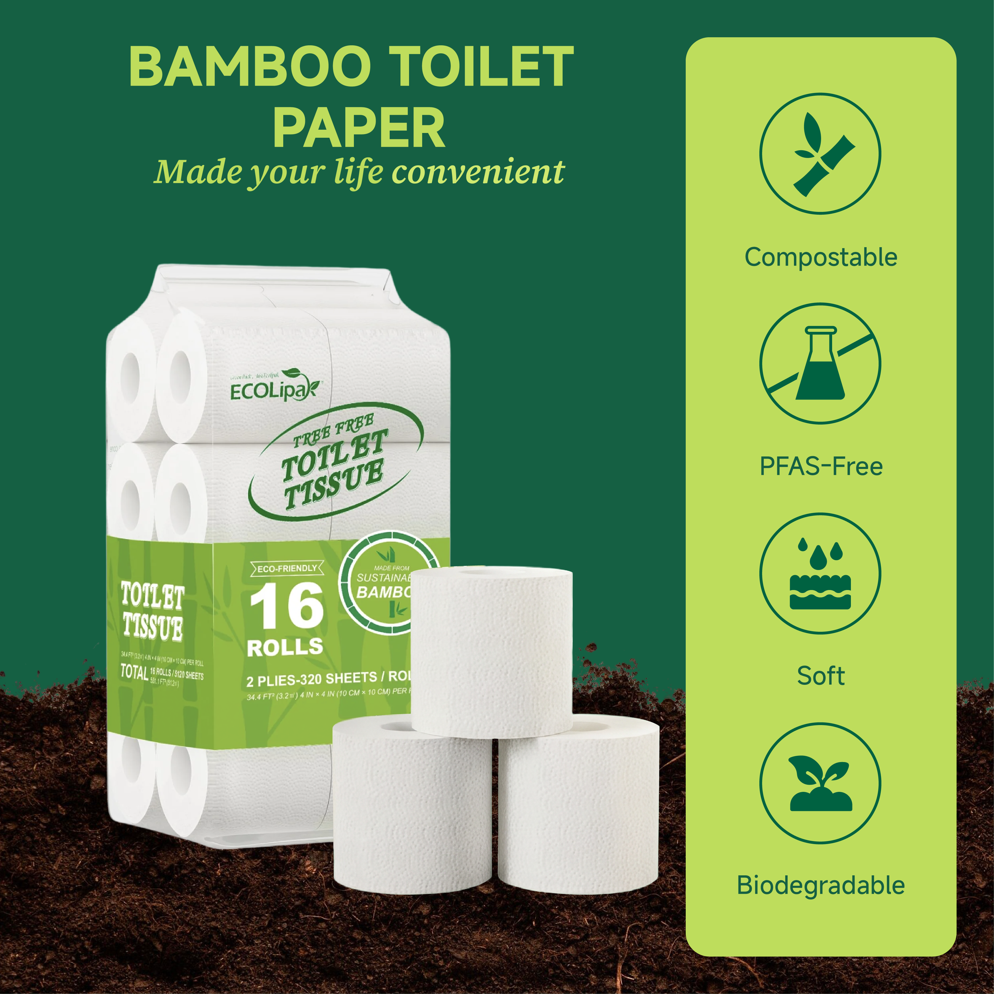 Papier toilette doux et absorbant en bambou 2 épaisseurs | Sans PFAS, sans produits chimiques