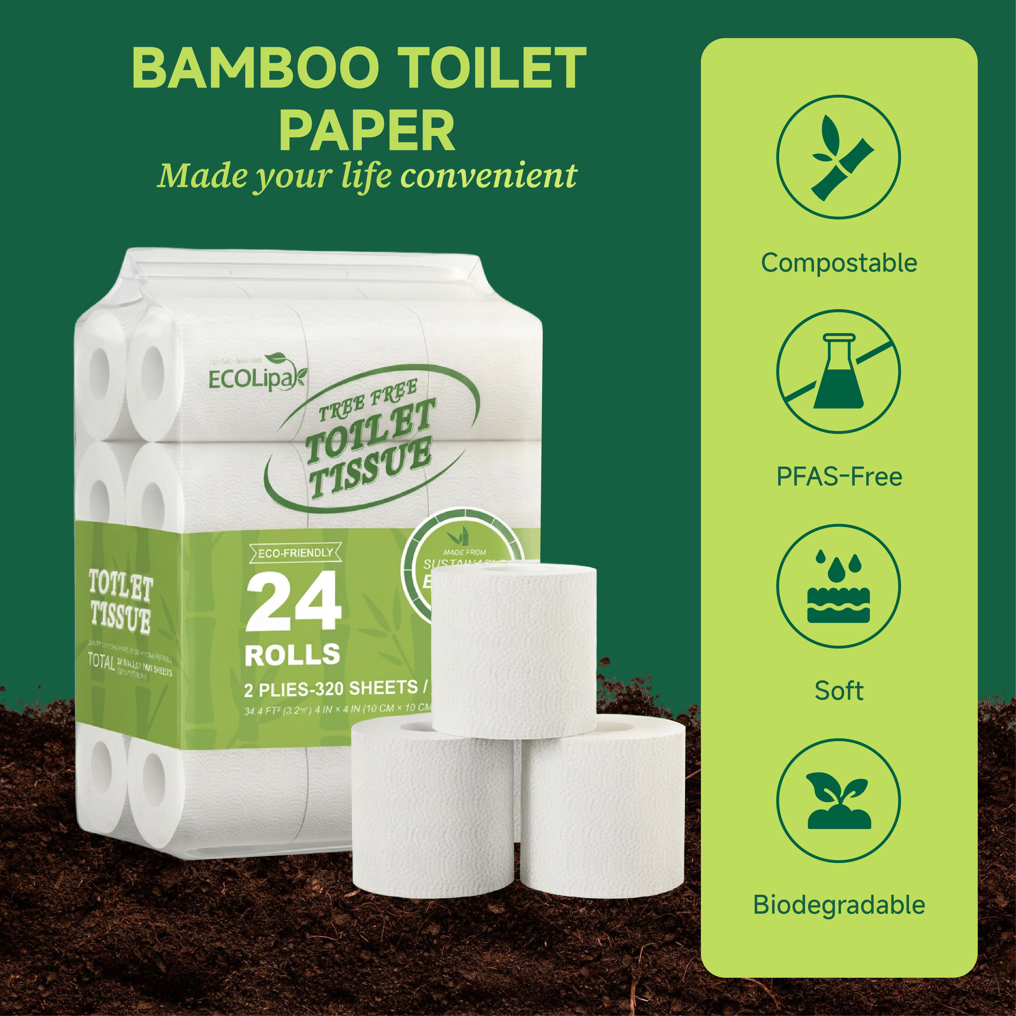 Papier toilette doux et absorbant en bambou 2 épaisseurs | Sans PFAS, sans produits chimiques