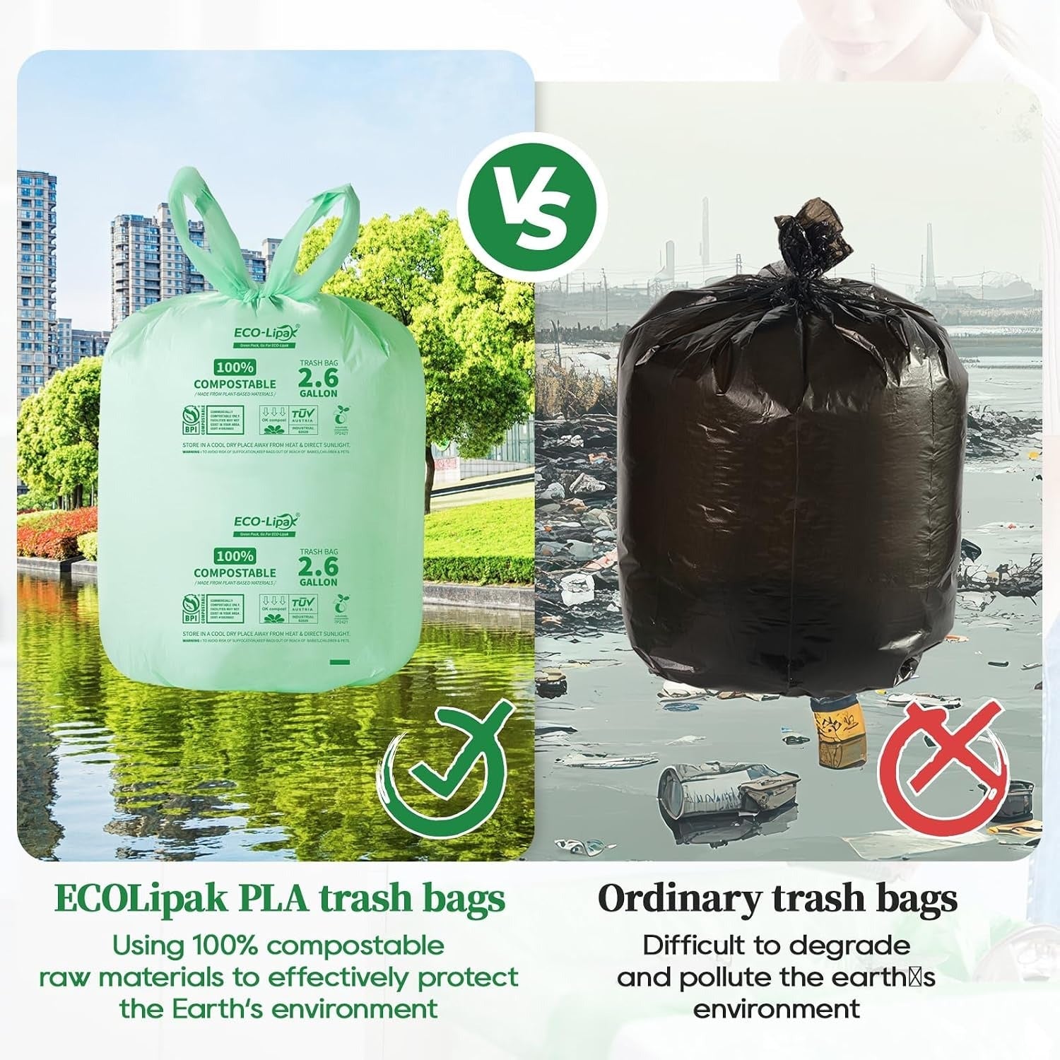2.6/13 Gallon Easy-Tie Compostable Trash Bags with Handles for Countertop Bins & Pet Mess Cleanup｜BPI Certified, OK Compost - ECO-Lipak