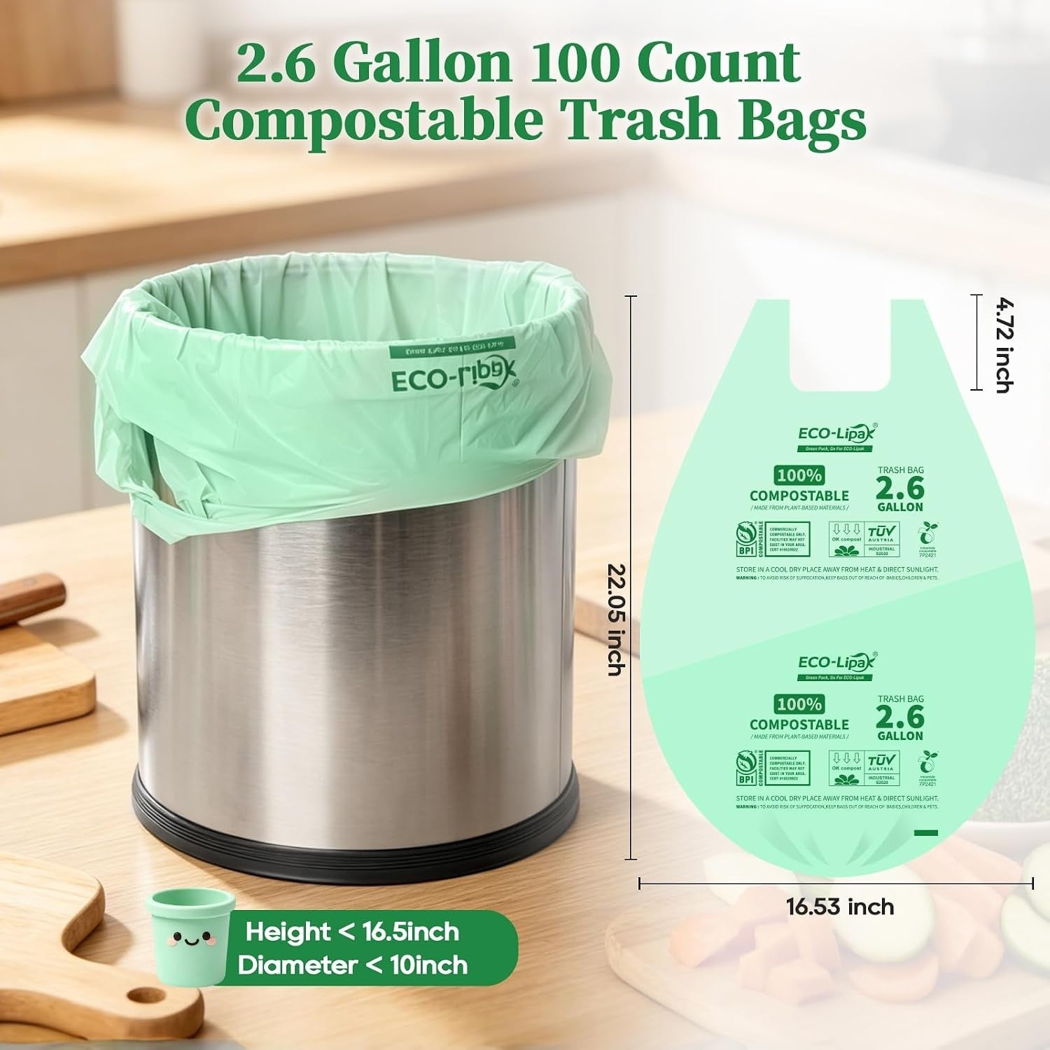 2.6/13 Gallon Easy-Tie Compostable Trash Bags with Handles for Countertop Bins & Pet Mess Cleanup｜BPI Certified, OK Compost - ECO-Lipak