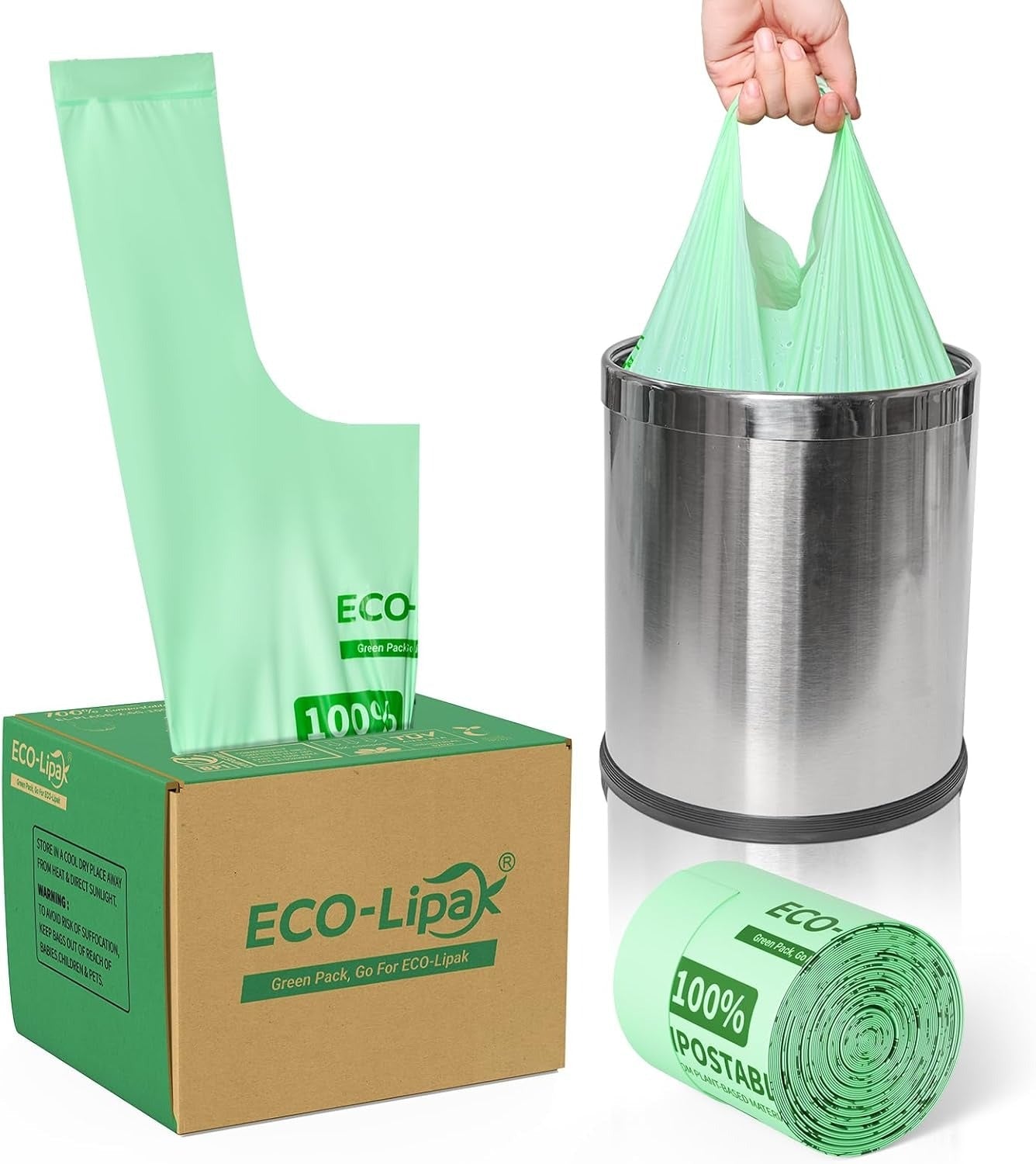 2.6/13 Gallon Easy-Tie Compostable Trash Bags with Handles for Countertop Bins & Pet Mess Cleanup｜BPI Certified, OK Compost - ECO-Lipak
