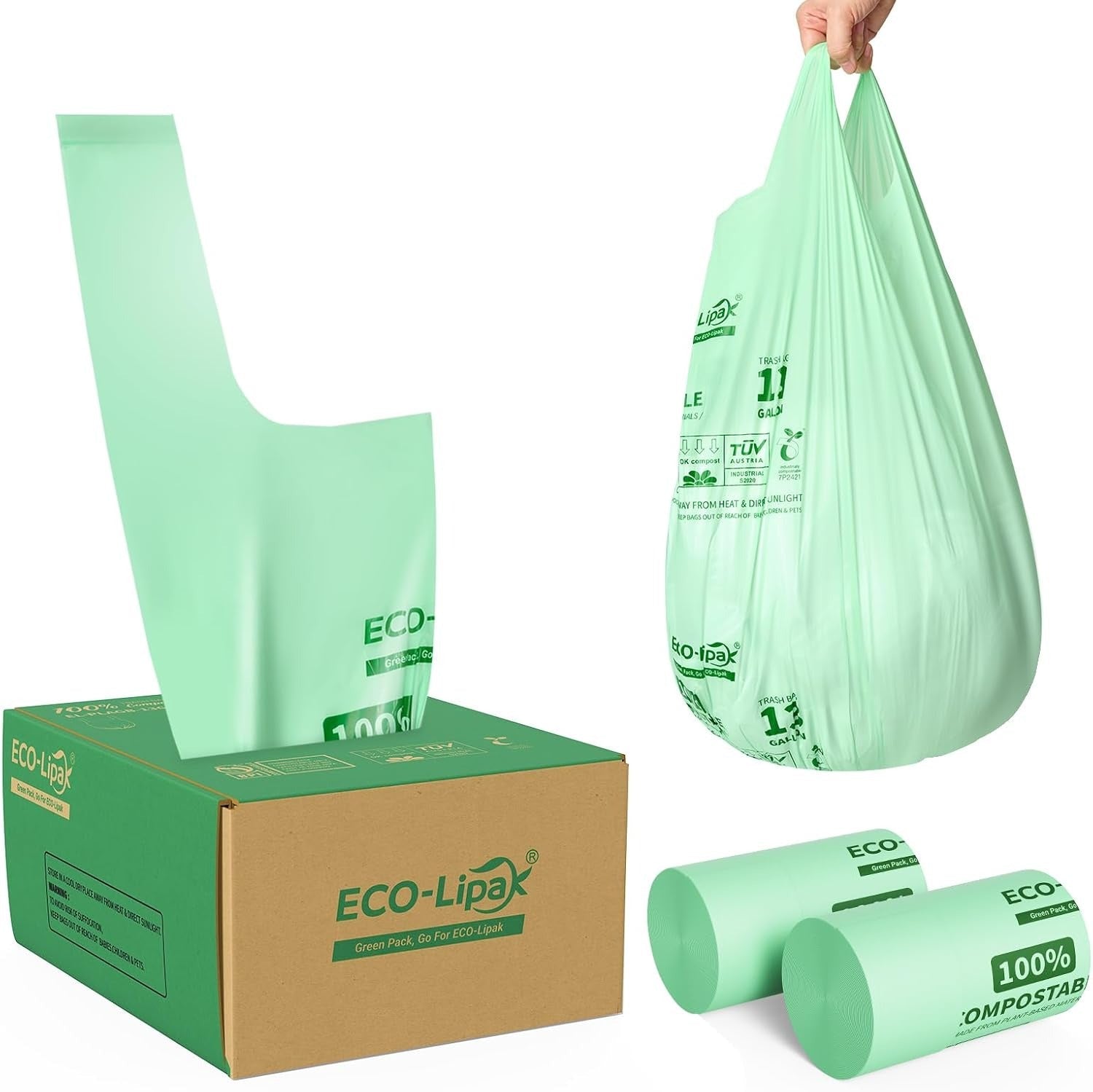 2.6/13 Gallon Easy-Tie Compostable Trash Bags with Handles for Countertop Bins & Pet Mess Cleanup｜BPI Certified, OK Compost - ECO-Lipak