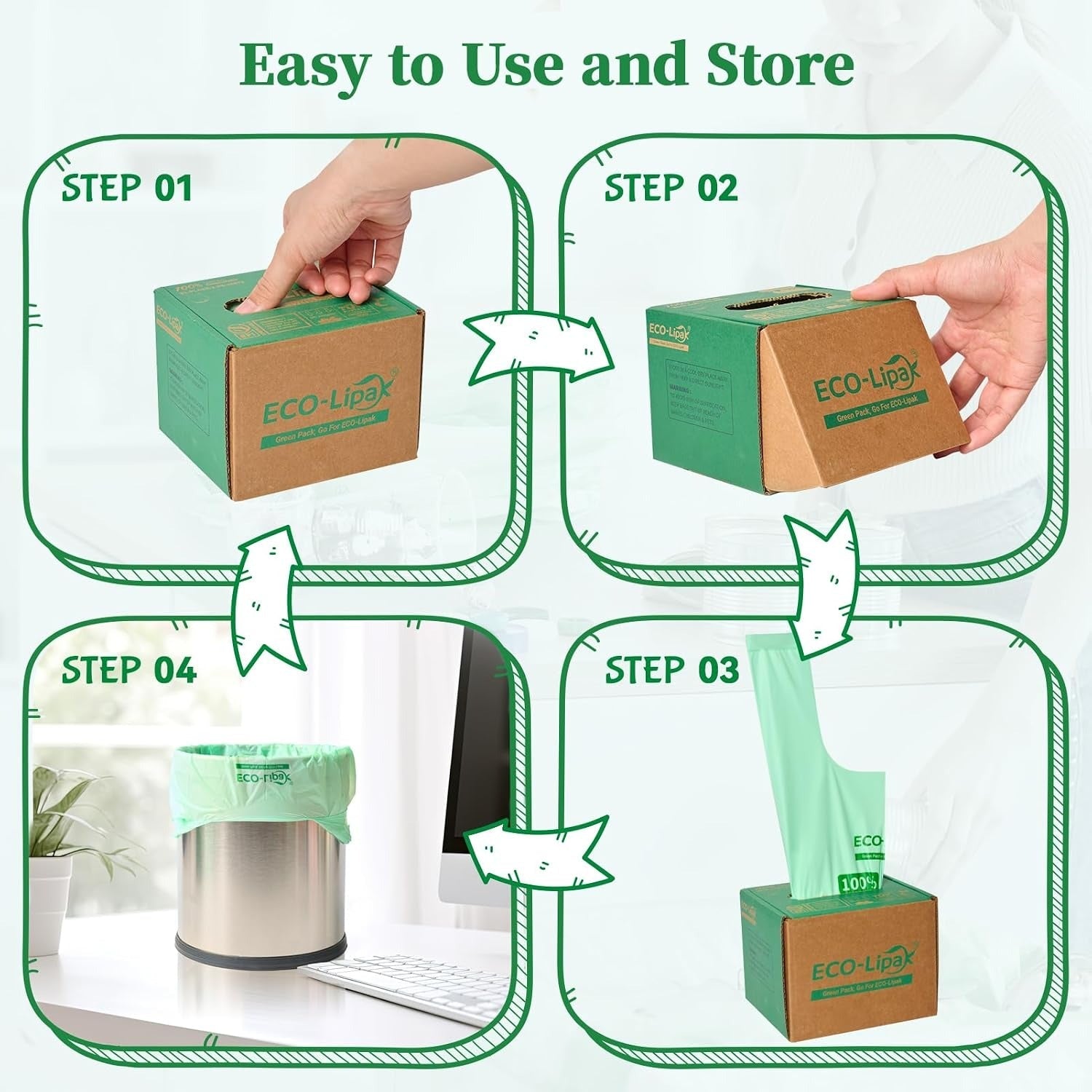 2.6/13 Gallon Easy-Tie Compostable Trash Bags with Handles for Countertop Bins & Pet Mess Cleanup｜BPI Certified, OK Compost - ECO-Lipak