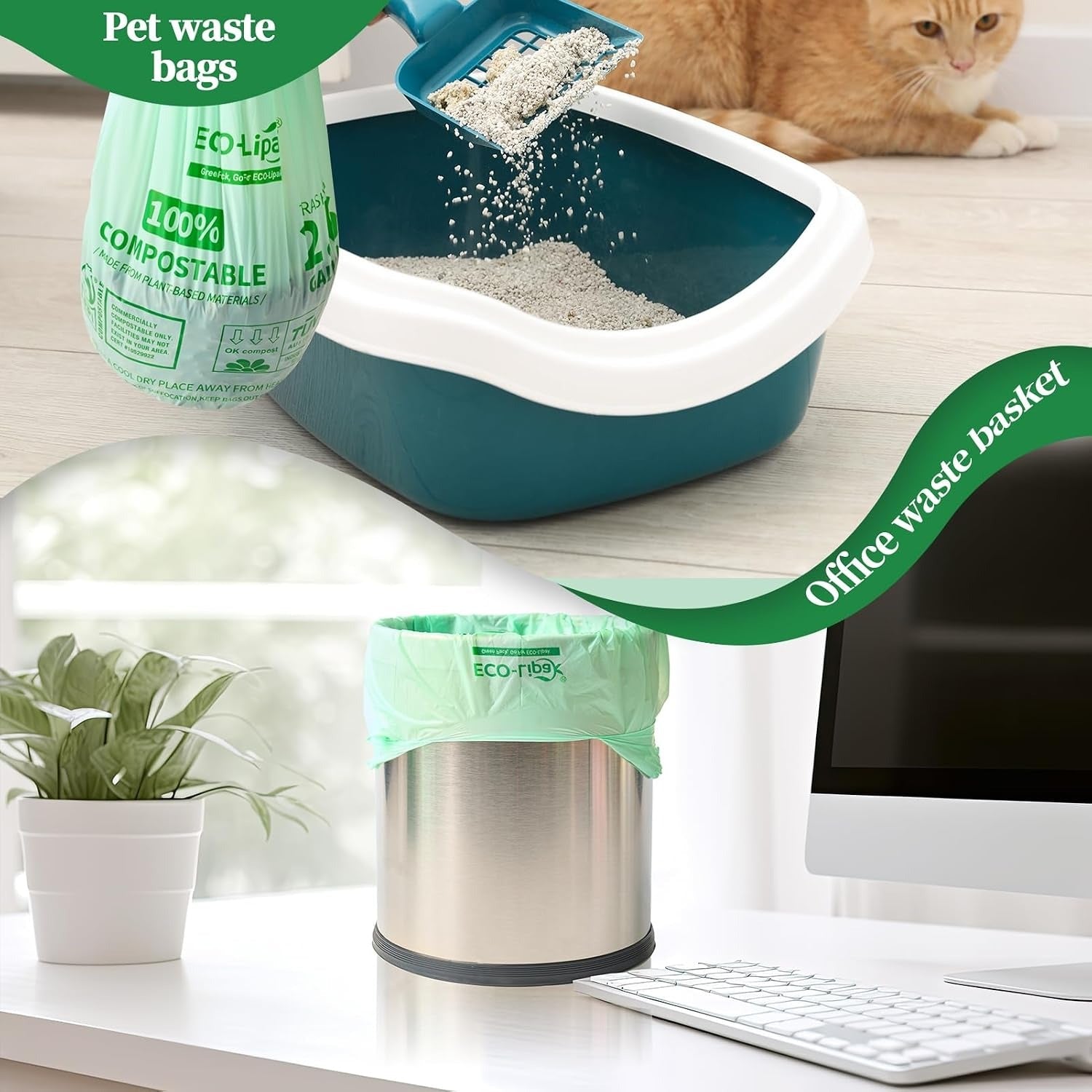13 Gallon Easy-Tie Compostable Trash Bags with Handles for Countertop Bins & Pet Mess Cleanup｜BPI Certified, OK Compost - ECO-Lipak