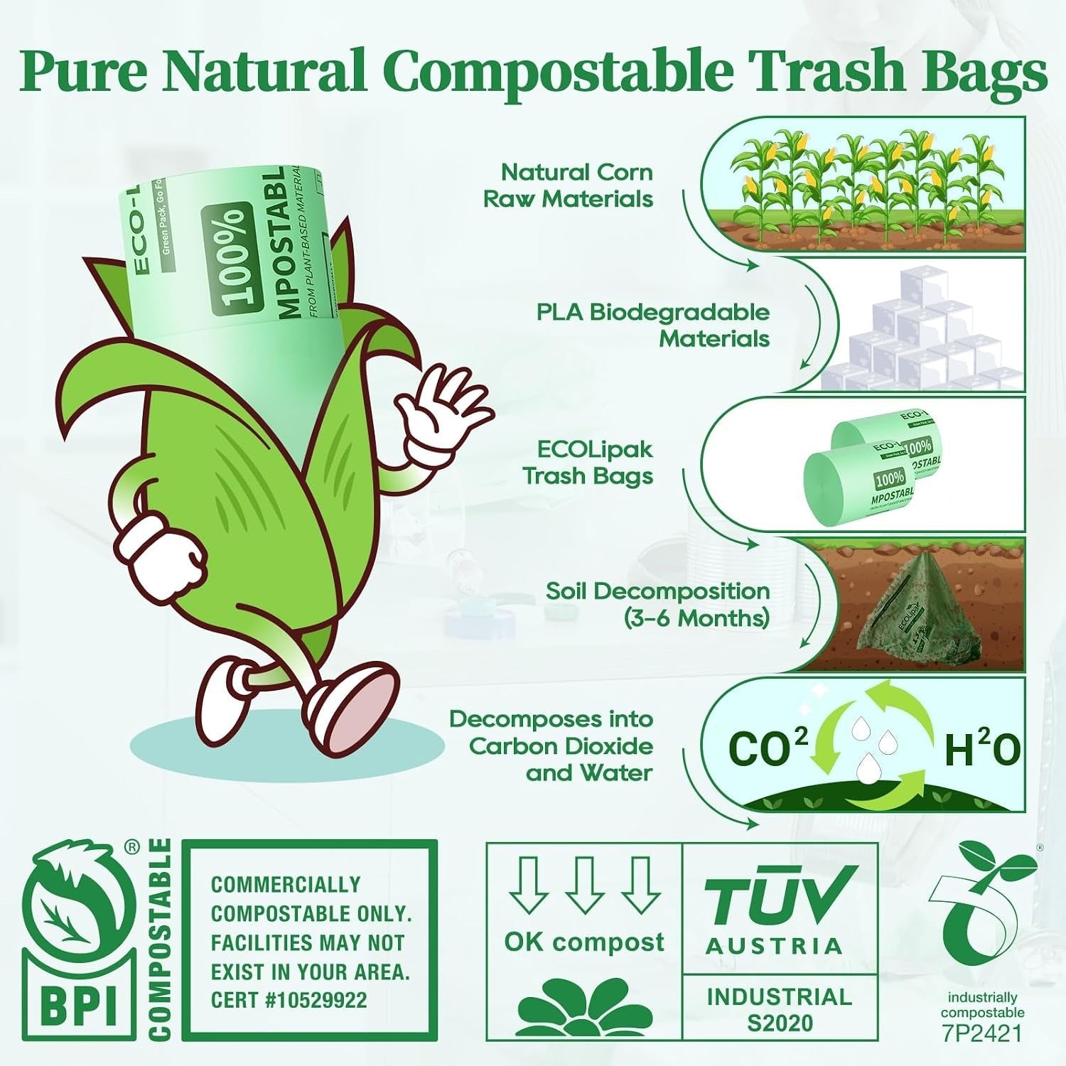 2.6/13 Gallon Easy-Tie Compostable Trash Bags with Handles for Countertop Bins & Pet Mess Cleanup｜BPI Certified, OK Compost - ECO-Lipak