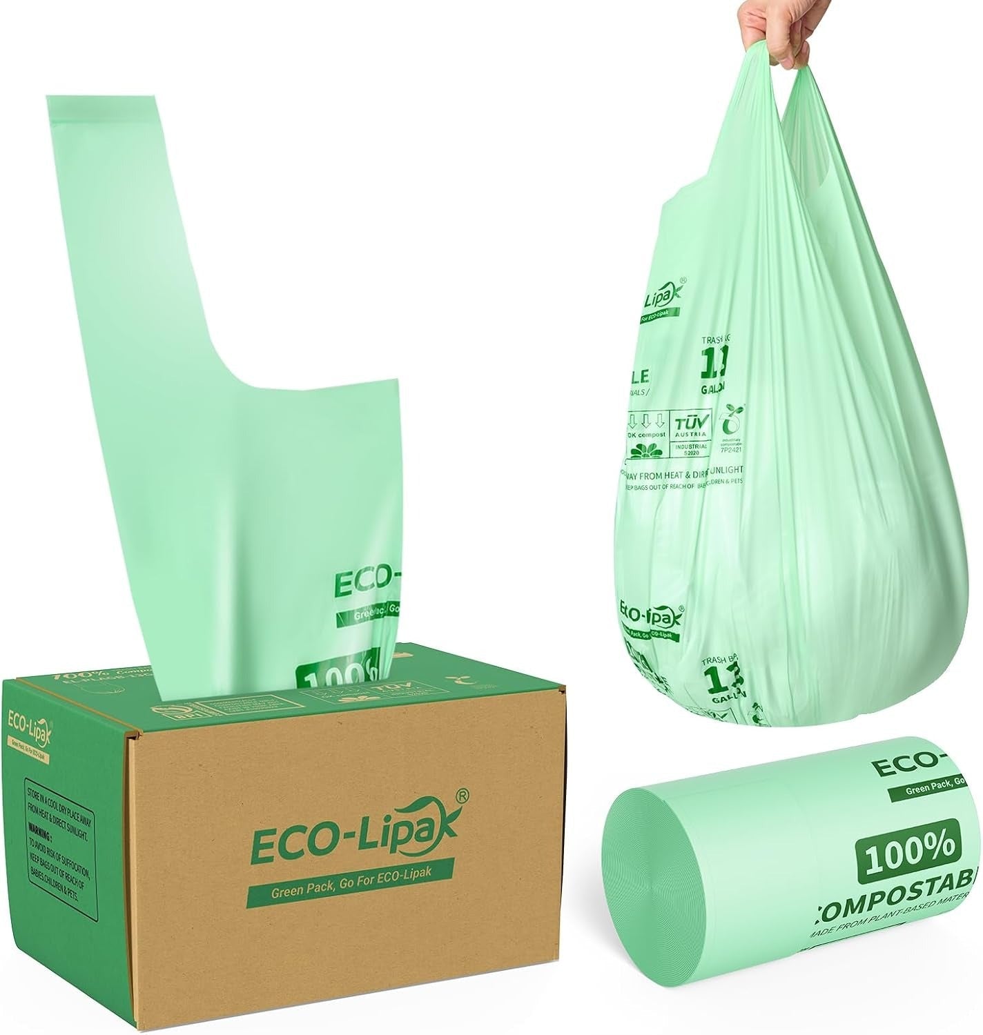2.6/13 Gallon Easy-Tie Compostable Trash Bags with Handles for Countertop Bins & Pet Mess Cleanup｜BPI Certified, OK Compost - ECO-Lipak