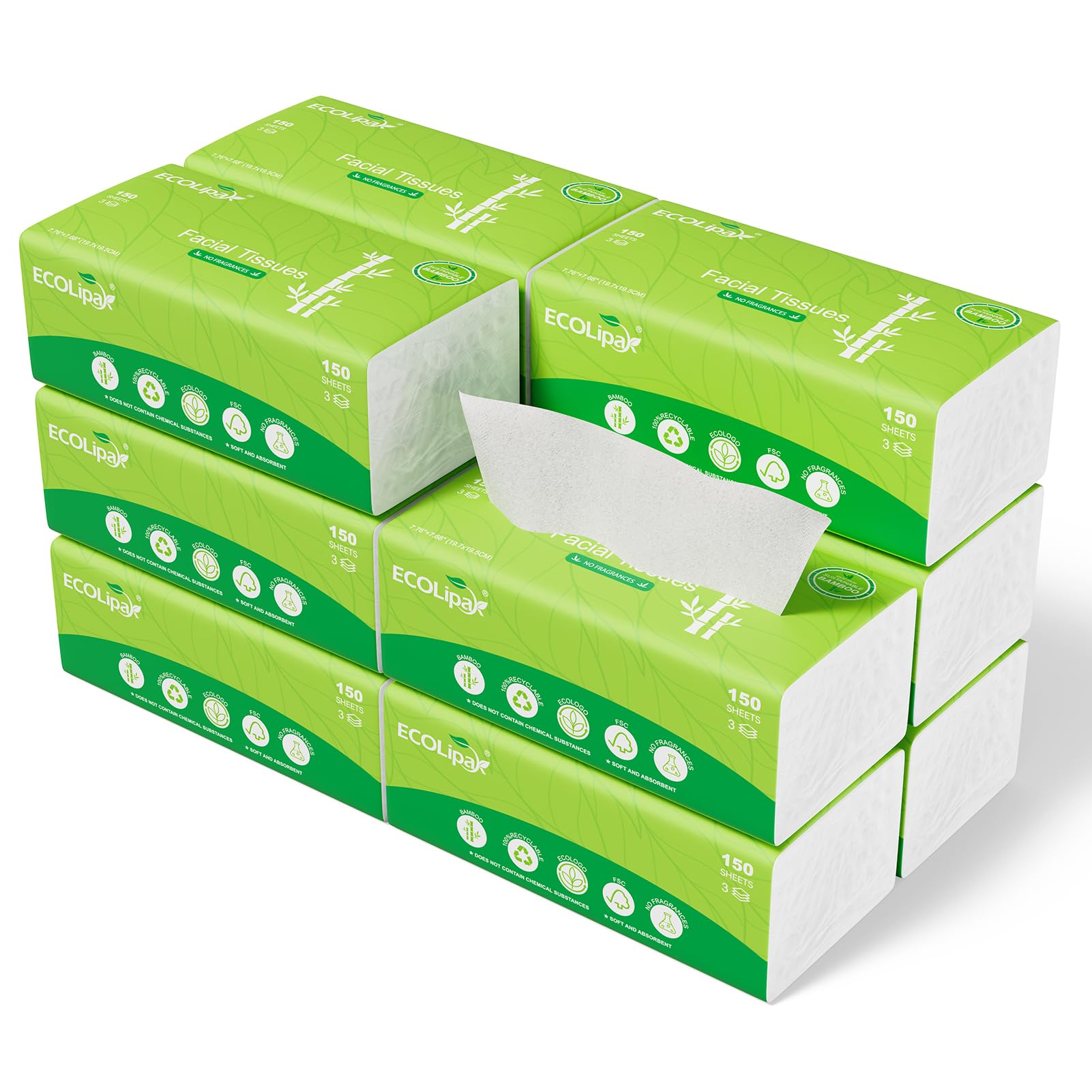 3-Ply White Bamboo Facial Tissues | 150 Pulls, Hypoallergenic - ECO-Lipak