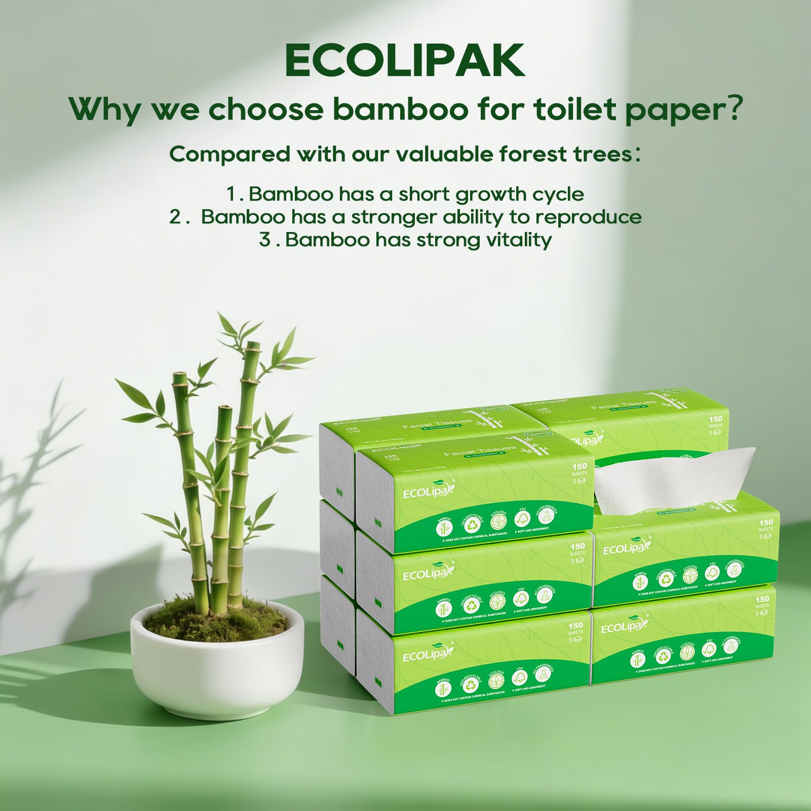 3 - Ply White Bamboo Facial Tissues | Soft, Hypoallergenic & Tree - Free - ECOlipak