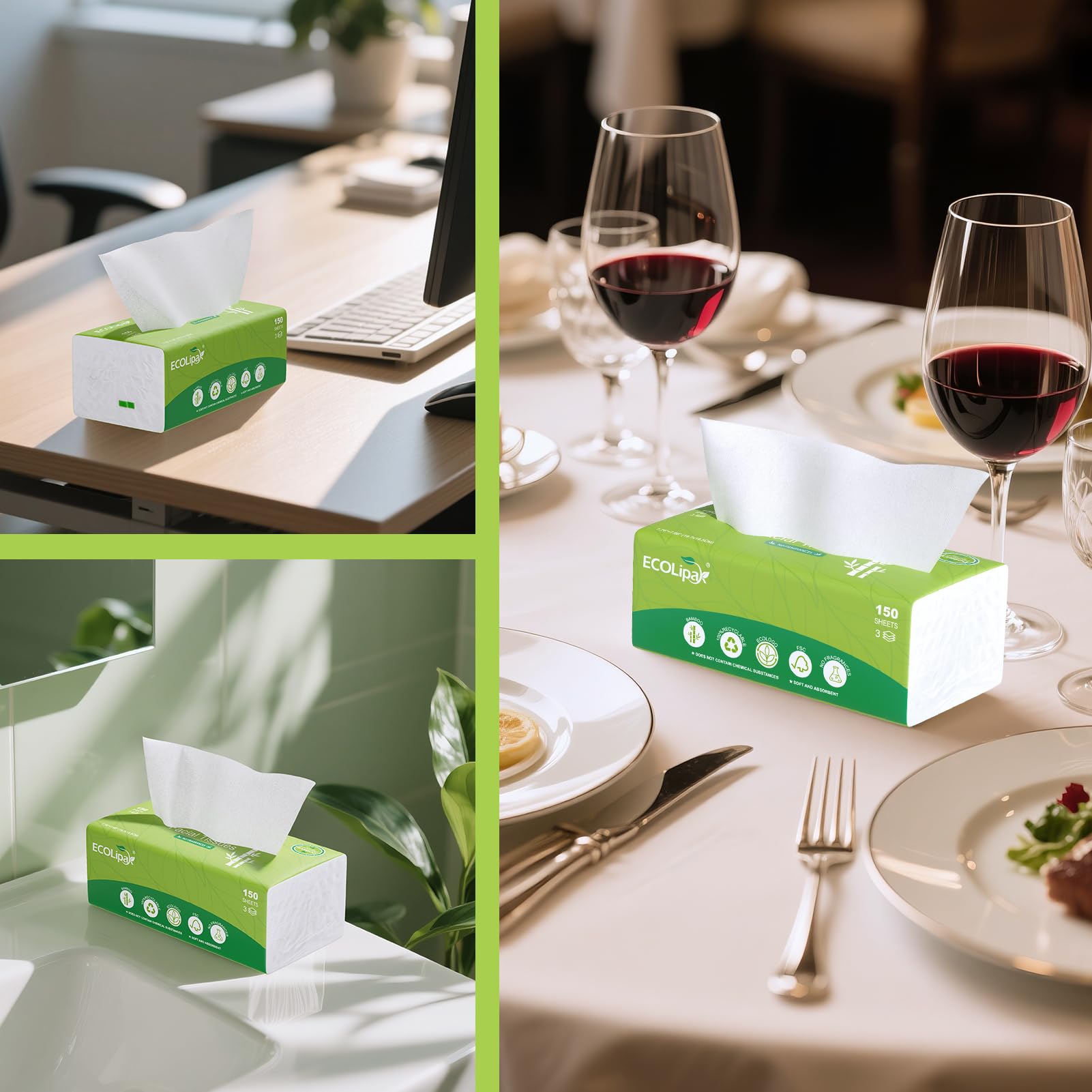 3 - Ply White Bamboo Facial Tissues | Soft, Hypoallergenic & Tree - Free - ECOlipak