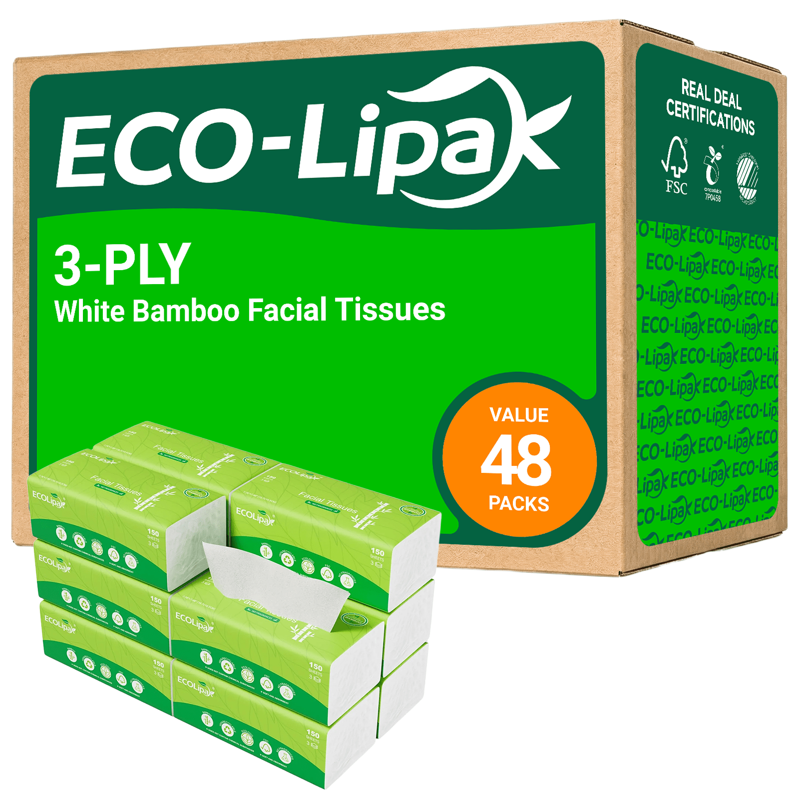 3 - Ply White Bamboo Facial Tissues | Soft, Hypoallergenic & Tree - Free - ECOlipak