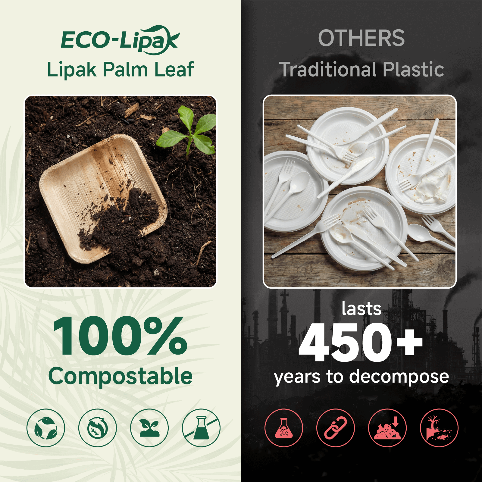 6 in / 10 in Square Heavy - Duty Compostable Palm Leaf Plate｜Toxin - Free, Plastic - Free - ECOlipak