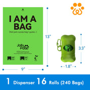 Green packaging for Jolly Paws dog waste bags, featuring a dispenser with 16 rolls (240 bags) and a playful design and messages.