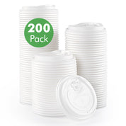 A stack of ECOLipak white disposable lids with a bold green "200 Pack" label, showcasing a bulk supply for drinks.