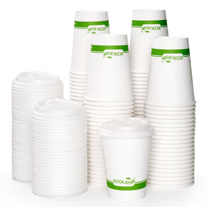 A stack of eco-friendly white disposable cups and lids, featuring green branding, arranged neatly in groups.