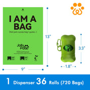 Green pet waste bag dispenser with 720 bags inside, featuring a quirky label and warning about suffocation risk.