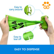 A hand pulls a green trash bag from a compact dispenser, highlighting its easy-to-carry and tear-off features.