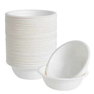 Stack of white paper bowls with textured edges, accompanied by a few bowls placed on their sides, showcasing their simple design.