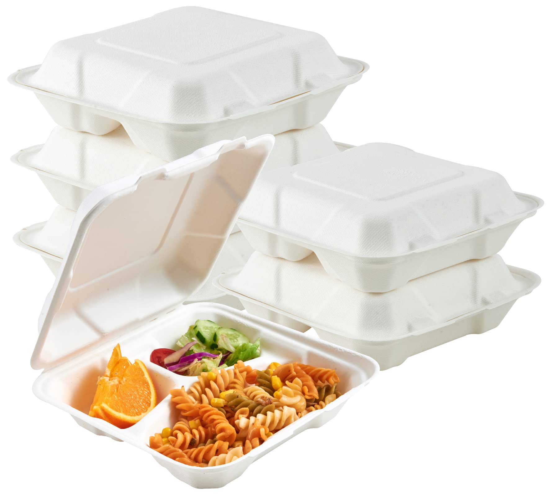 ECOLipak biodegradable meal containers, ideal for packing a variety of foods like pasta, salad, and fruit.