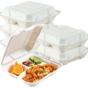 ECOLipak biodegradable meal containers, ideal for packing a variety of foods like pasta, salad, and fruit.