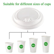 A ECOLipak compostable cup lid displayed above four disposable cups labeled 10oz, 12oz, 16oz, and 20oz, illustrating size compatibility.