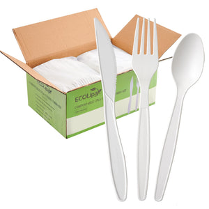 A box of 350 compostable utensils including a knife, fork, and spoon, featuring a green design labeled "ECOLipak."