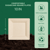 6in&10in Heavy-Duty Natural Square Compostable Plate Set｜BPI Certified, BPA-Free, Cut-Resistant - ECO-Lipak