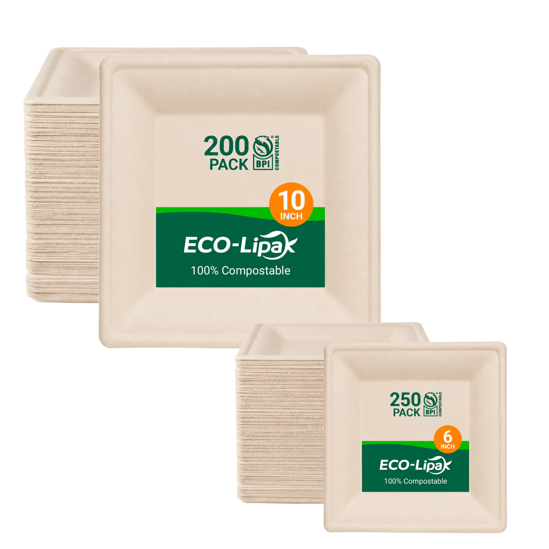 6in&10in Heavy-Duty Natural Square Compostable Plate Set｜BPI Certified, BPA-Free, Cut-Resistant - ECO-Lipak