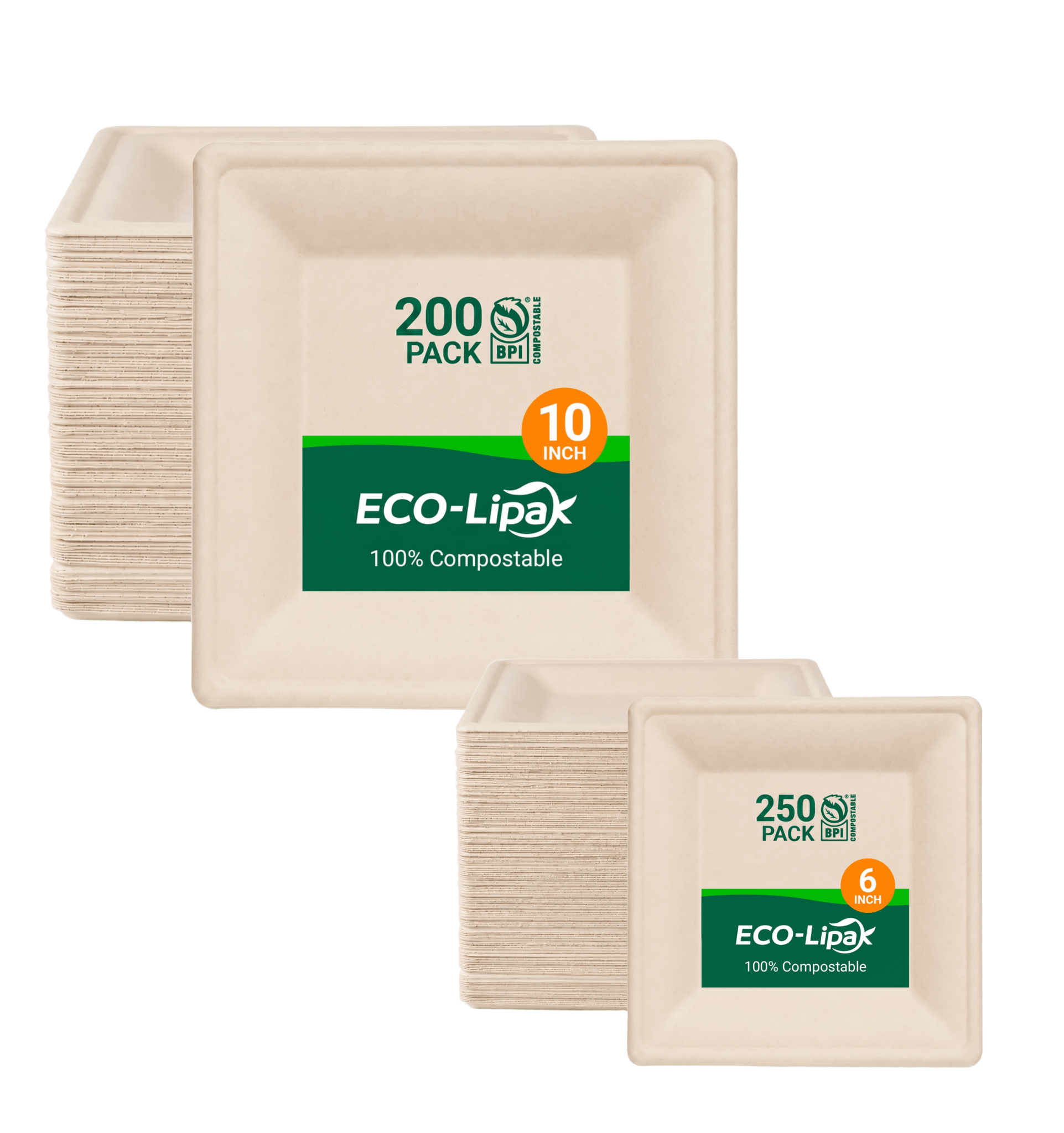 6in&10in Heavy-Duty Natural Square Compostable Plate Set｜BPI Certified, BPA-Free, Cut-Resistant - ECO-Lipak