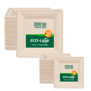 6in&10in Heavy-Duty Natural Square Compostable Plate Set｜BPI Certified, BPA-Free, Cut-Resistant - ECO-Lipak