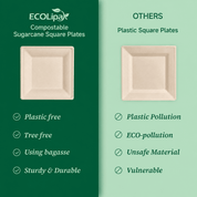 6in&10in Heavy-Duty Natural Square Compostable Plate Set｜BPI Certified, BPA-Free, Cut-Resistant - ECO-Lipak