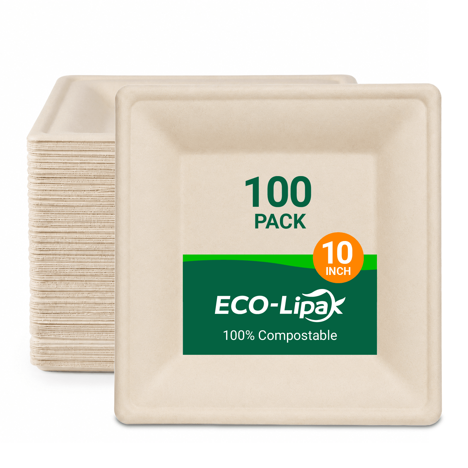 10in Square Heavy-Duty Compostable Plates｜BPA-Free, Cut-Resistant - ECO-Lipak