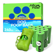 Eco-friendly dog poop bags in a green box, featuring 16 rolls with 240 bags, and a matching green dispenser shaped like a bone.