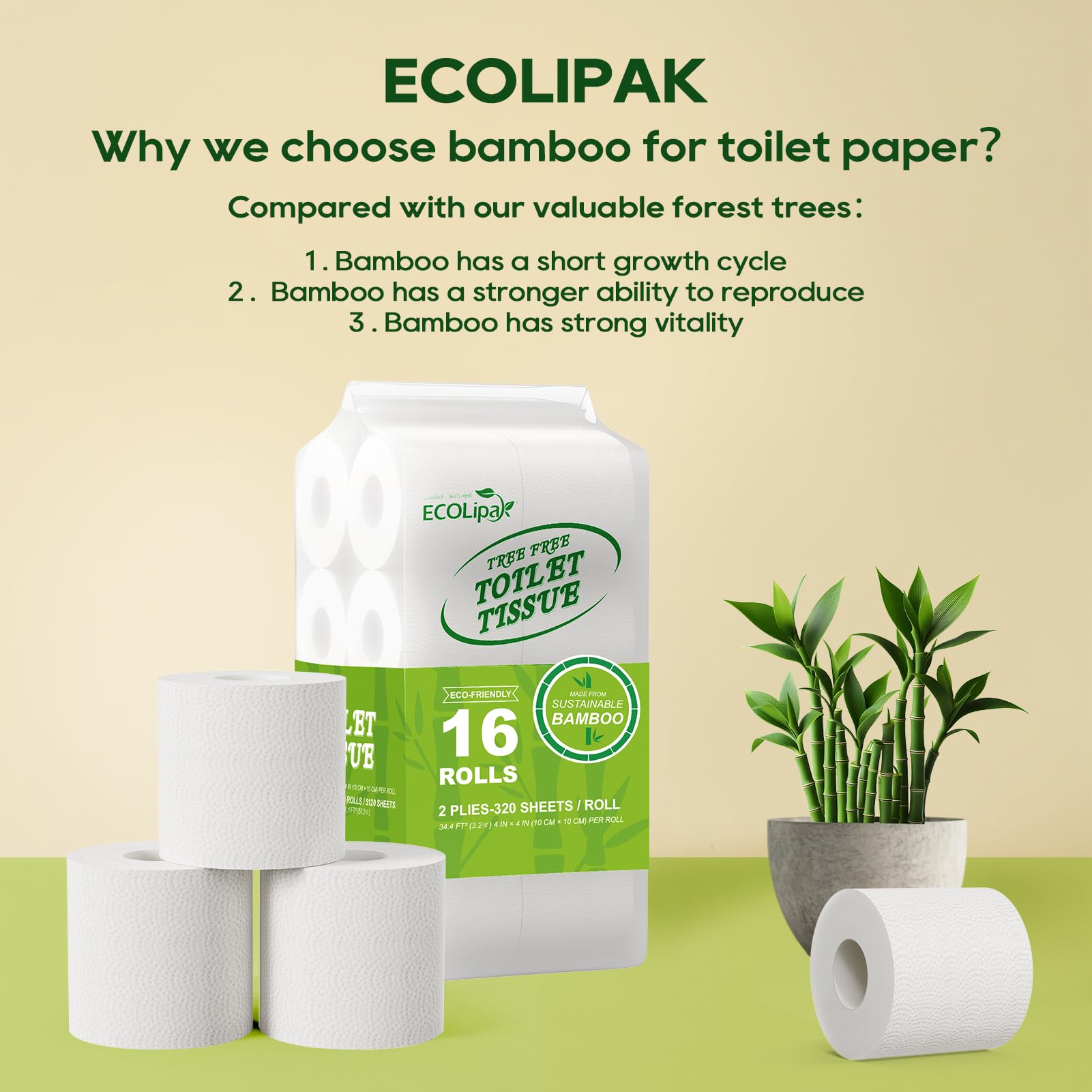 ECOLipak bamboo toilet tissue pack explaining bamboo’s advantages, with rolls and a plant.