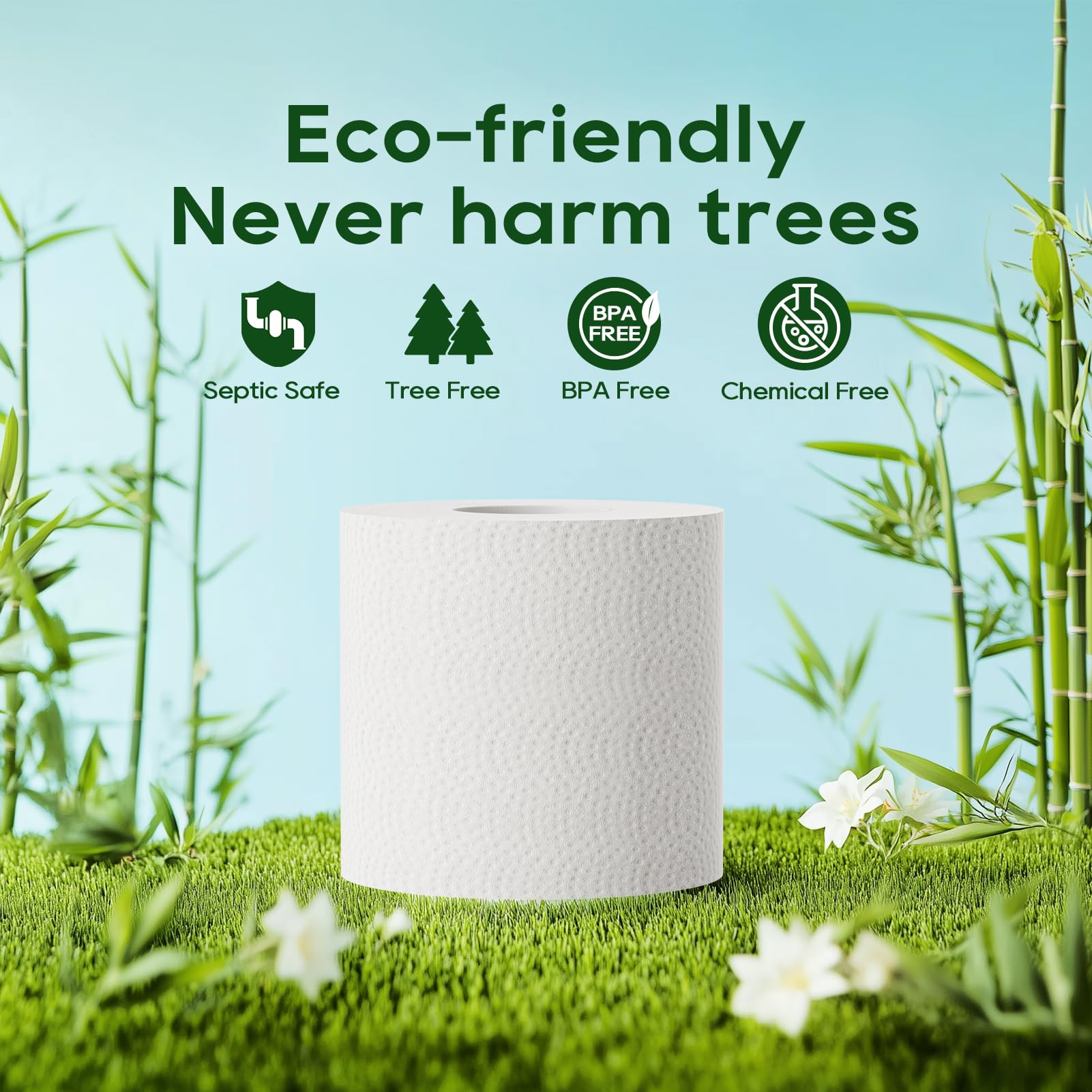 ECOLipak eco - friendly toilet paper roll labeled “Never harm trees,” with Septic Safe, Tree Free, BPA Free, and Chemical Free icons.