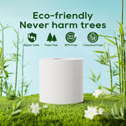 ECOLipak eco - friendly toilet paper roll labeled “Never harm trees,” with Septic Safe, Tree Free, BPA Free, and Chemical Free icons.