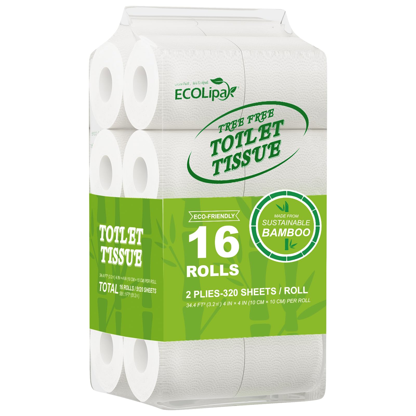 A pack of ECOLipak tree - free toilet tissue, containing 16 rolls made from sustainable bamboo, with 2 - ply and 320 sheets per roll.