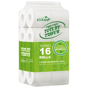 A pack of ECOLipak tree - free toilet tissue, containing 16 rolls made from sustainable bamboo, with 2 - ply and 320 sheets per roll.